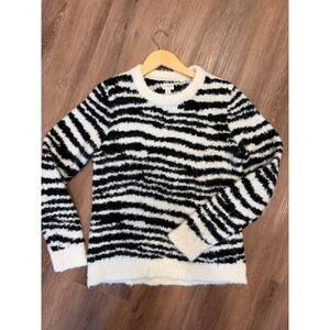 J.Crew Zebra Sweater S Black Ivory Fuzzy Wool Alpaca Blend Animal Print